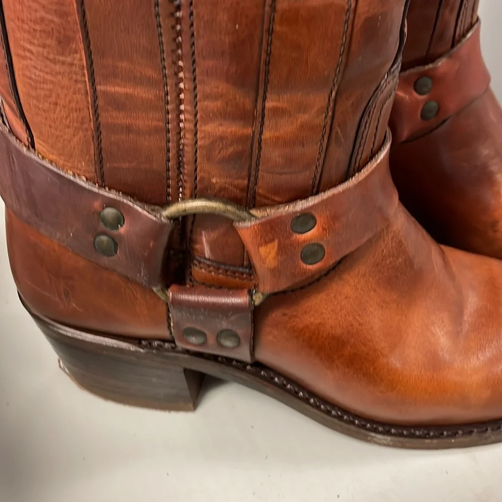 Frye Brown Leather Harness Knee-High Heeled Boots - Picture 5 of 10